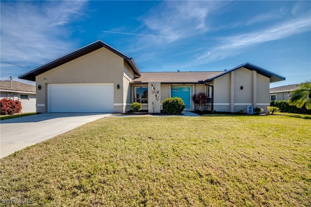 single story home featuring a garage and a front lawn