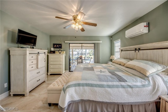 bedroom featuring access to exterior, a wall unit AC, and ceiling fan