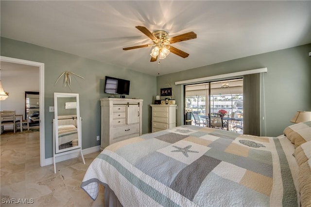 bedroom with ceiling fan and access to outside