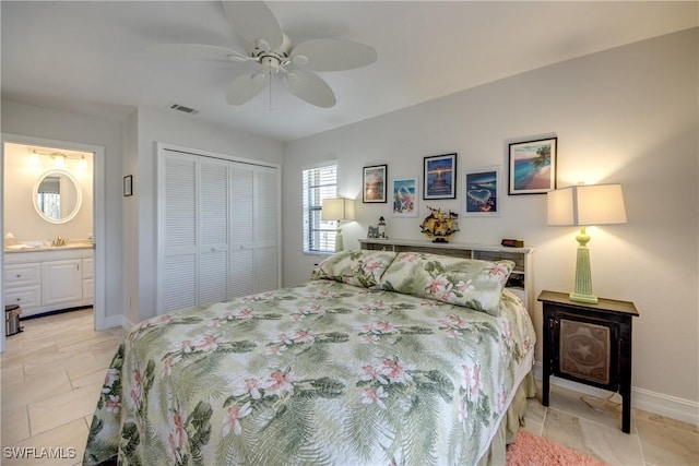 bedroom with ceiling fan, ensuite bathroom, and a closet