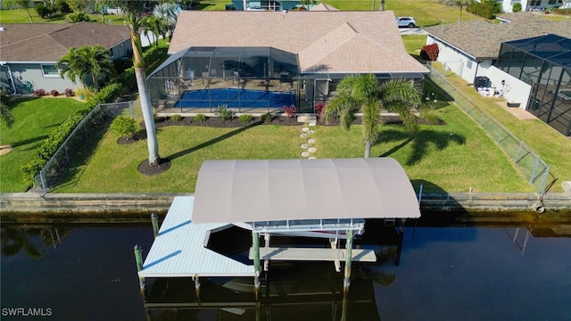 aerial view featuring a water view