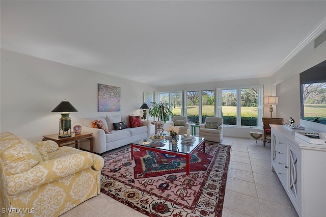 living room featuring crown molding