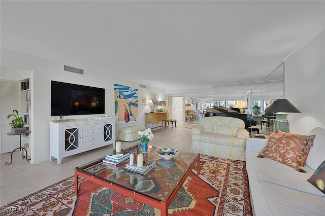 tiled living room with crown molding