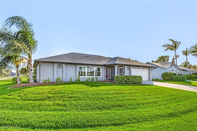 ranch-style home featuring a garage and a front yard