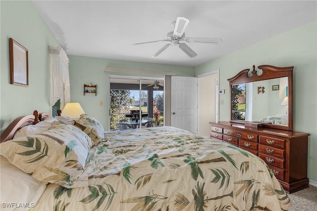 carpeted bedroom featuring ceiling fan and access to exterior