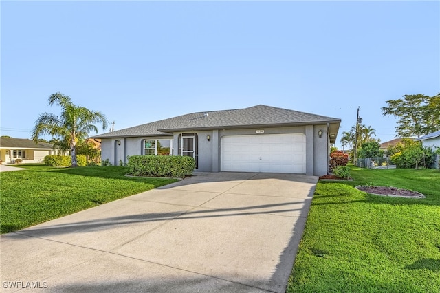 ranch-style home with a garage and a front yard