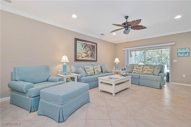 living room featuring light tile patterned floors, crown molding, and ceiling fan