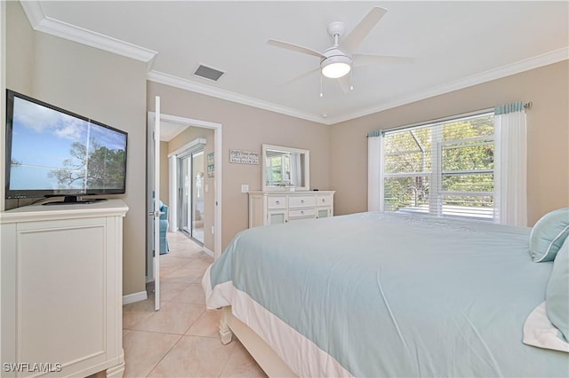 bedroom featuring crown molding, ceiling fan, and light tile patterned floors