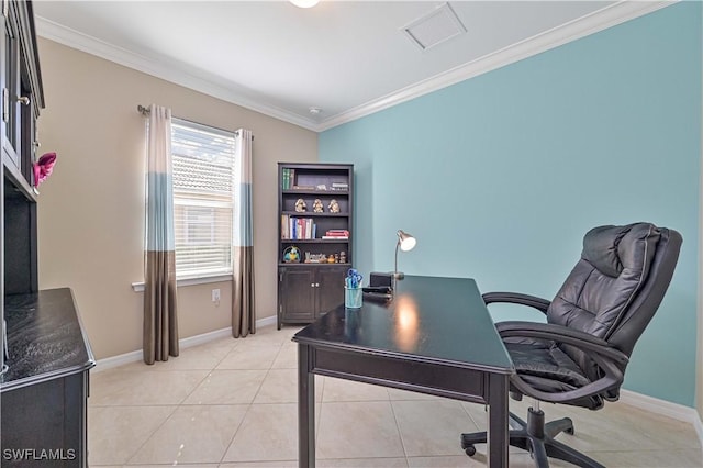 home office with ornamental molding and light tile patterned floors