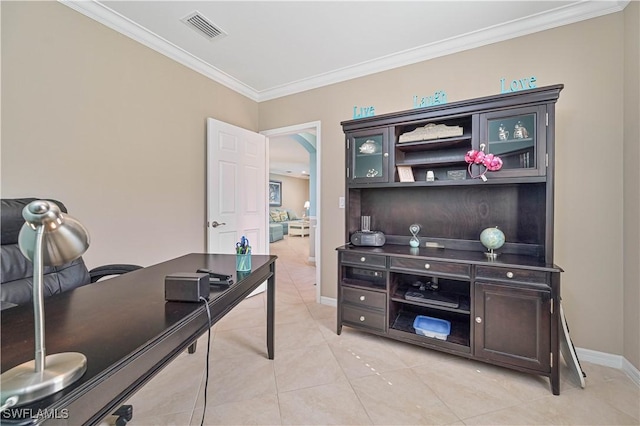 office with light tile patterned floors and crown molding