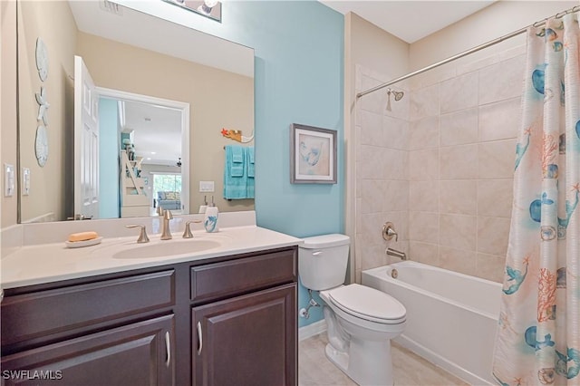 full bathroom featuring tile patterned flooring, vanity, shower / bath combination with curtain, and toilet