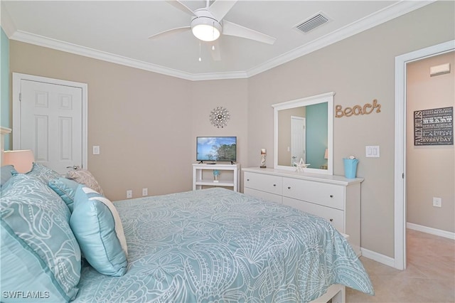 tiled bedroom featuring ceiling fan and ornamental molding