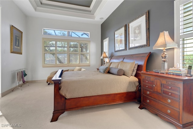 carpeted bedroom featuring crown molding and a tray ceiling