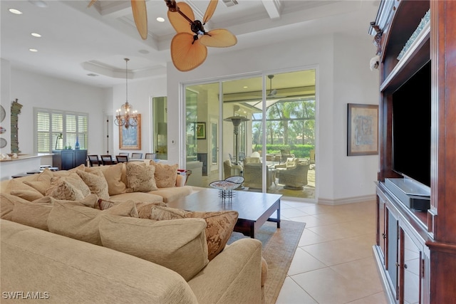 living room with coffered ceiling, beam ceiling, ceiling fan with notable chandelier, and light tile patterned floors