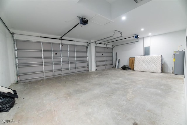 garage featuring a garage door opener, electric panel, and water heater