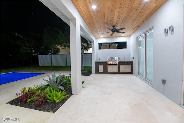 view of swimming pool with ceiling fan and a grill