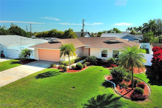 single story home featuring a garage and a front yard