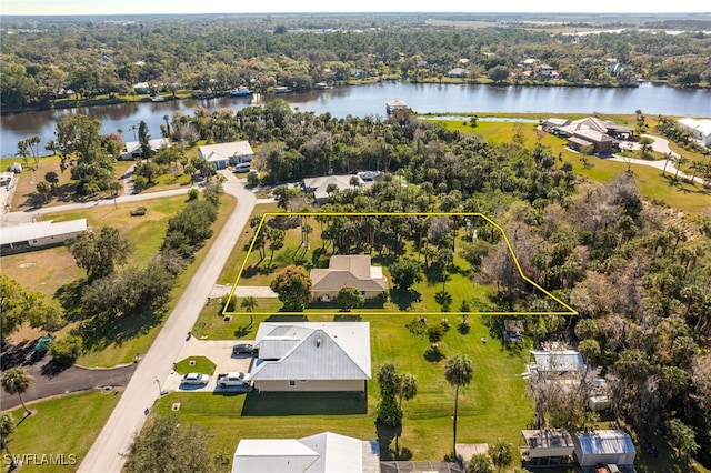 aerial view featuring a water view