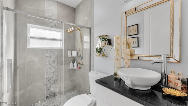 bathroom with vanity, an enclosed shower, and toilet