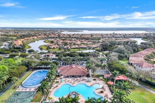 drone / aerial view with a water view