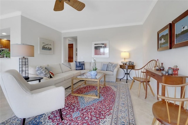 tiled living room with crown molding and ceiling fan