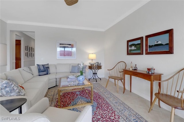 living room with ornamental molding and light tile patterned flooring