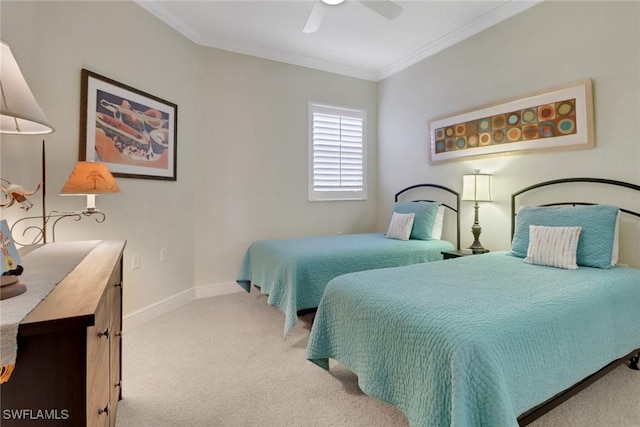 bedroom with crown molding, light colored carpet, and ceiling fan