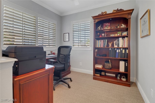 carpeted office with ornamental molding