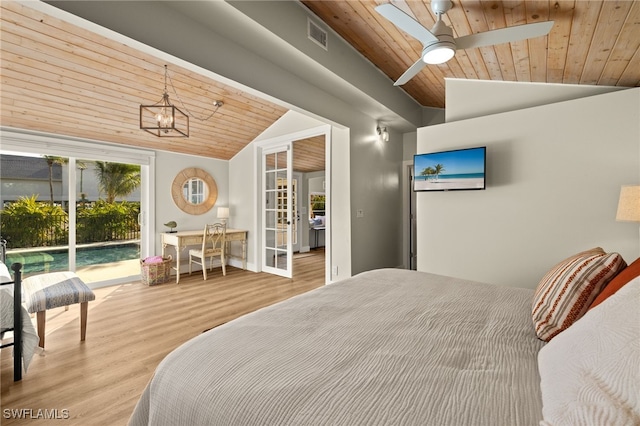 bedroom with vaulted ceiling, wood-type flooring, access to outside, and wooden ceiling