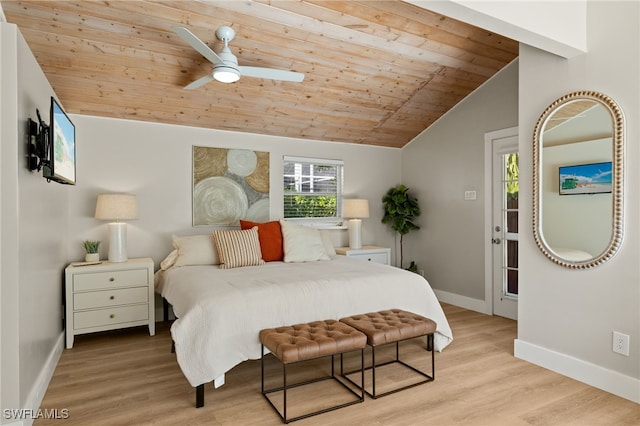 bedroom with ceiling fan, lofted ceiling, wood ceiling, and light hardwood / wood-style floors