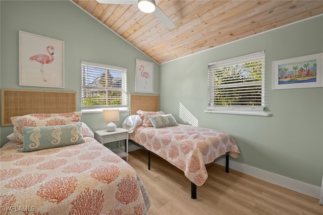 bedroom with vaulted ceiling, ceiling fan, wooden ceiling, and light wood-type flooring