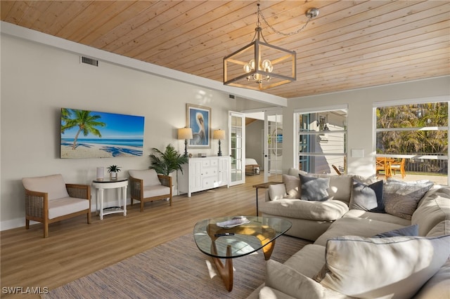 living room with wood ceiling, a chandelier, french doors, and hardwood / wood-style flooring