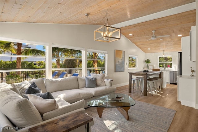 living room with vaulted ceiling, ceiling fan with notable chandelier, sink, wood ceiling, and light hardwood / wood-style floors