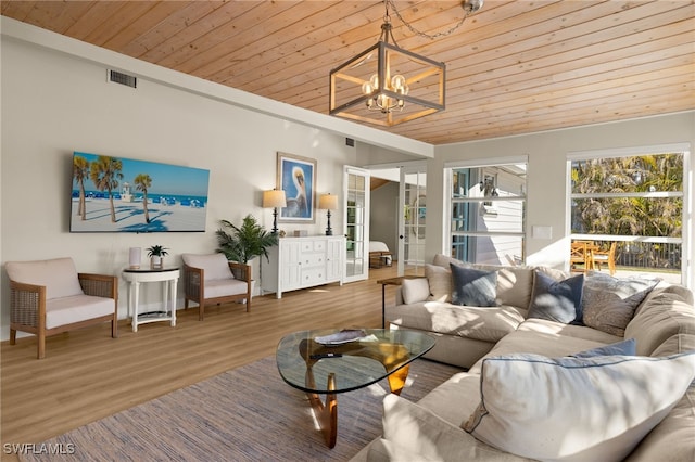 living room featuring hardwood / wood-style flooring, a notable chandelier, wood ceiling, and french doors