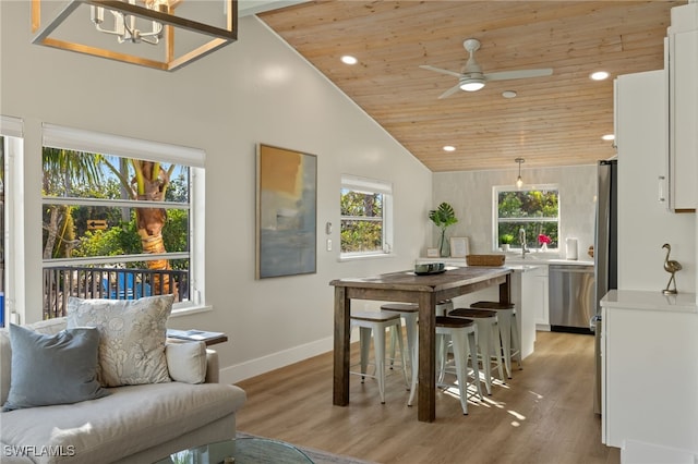 dining space featuring wood ceiling, hardwood / wood-style flooring, and plenty of natural light