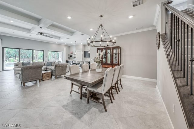 tiled dining area with coffered ceiling, ceiling fan with notable chandelier, beam ceiling, and ornamental molding