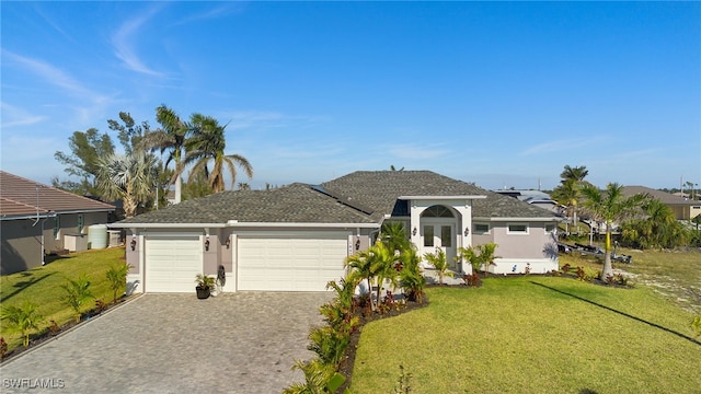 ranch-style home with a residential view, an attached garage, decorative driveway, a front yard, and stucco siding