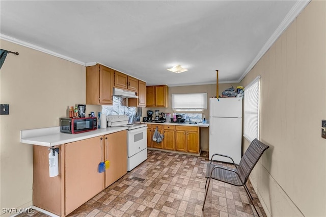 kitchen with white appliances, ornamental molding, and a wealth of natural light