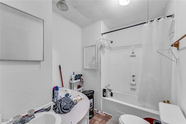 full bathroom with shower / tub combo, vanity, a textured ceiling, and toilet