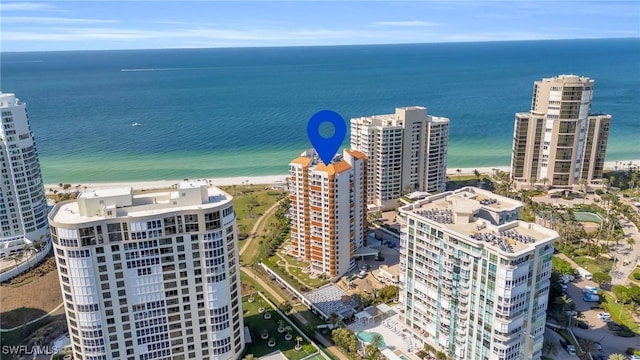 drone / aerial view with a view of the beach and a water view