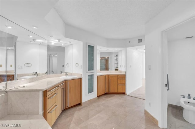 bathroom with a bidet, vanity, and a textured ceiling