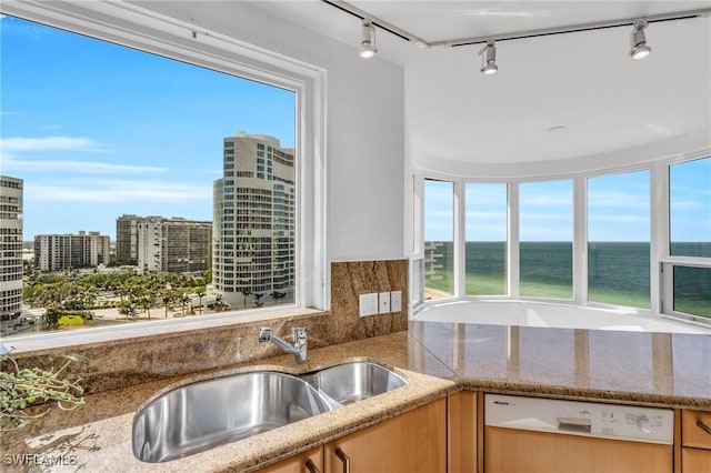 kitchen with a water view, dishwasher, and sink