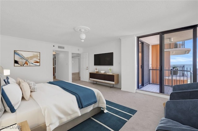 carpeted bedroom featuring access to exterior and a textured ceiling