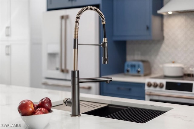 kitchen featuring blue cabinets, tasteful backsplash, and white range with electric stovetop