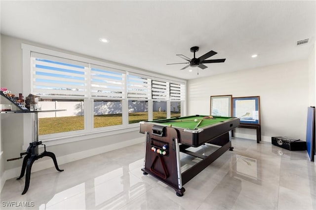 rec room with ceiling fan and billiards