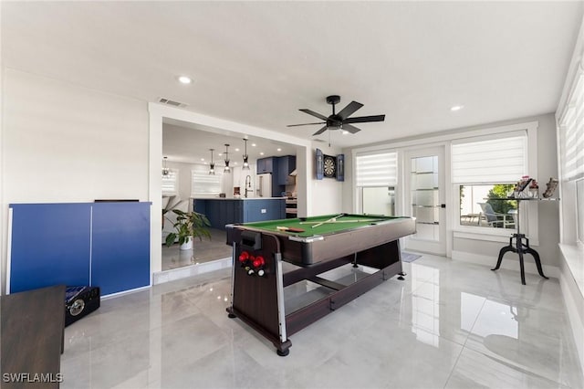 game room featuring billiards and ceiling fan