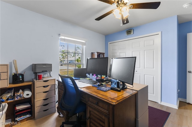 home office featuring ceiling fan and light wood-type flooring