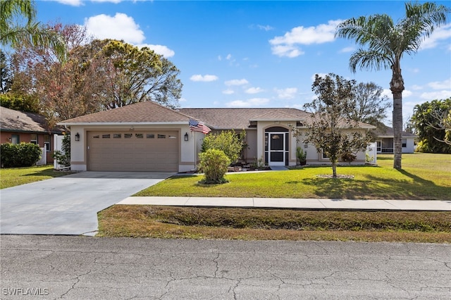 ranch-style home featuring a garage and a front lawn