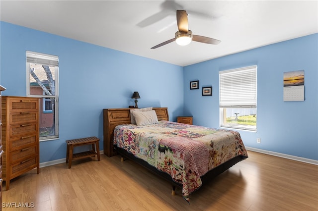 bedroom featuring ceiling fan and light wood-type flooring