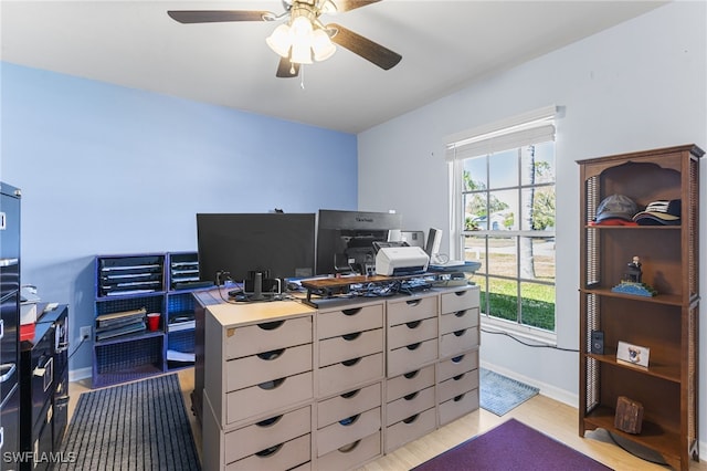 home office featuring ceiling fan, plenty of natural light, and light hardwood / wood-style floors